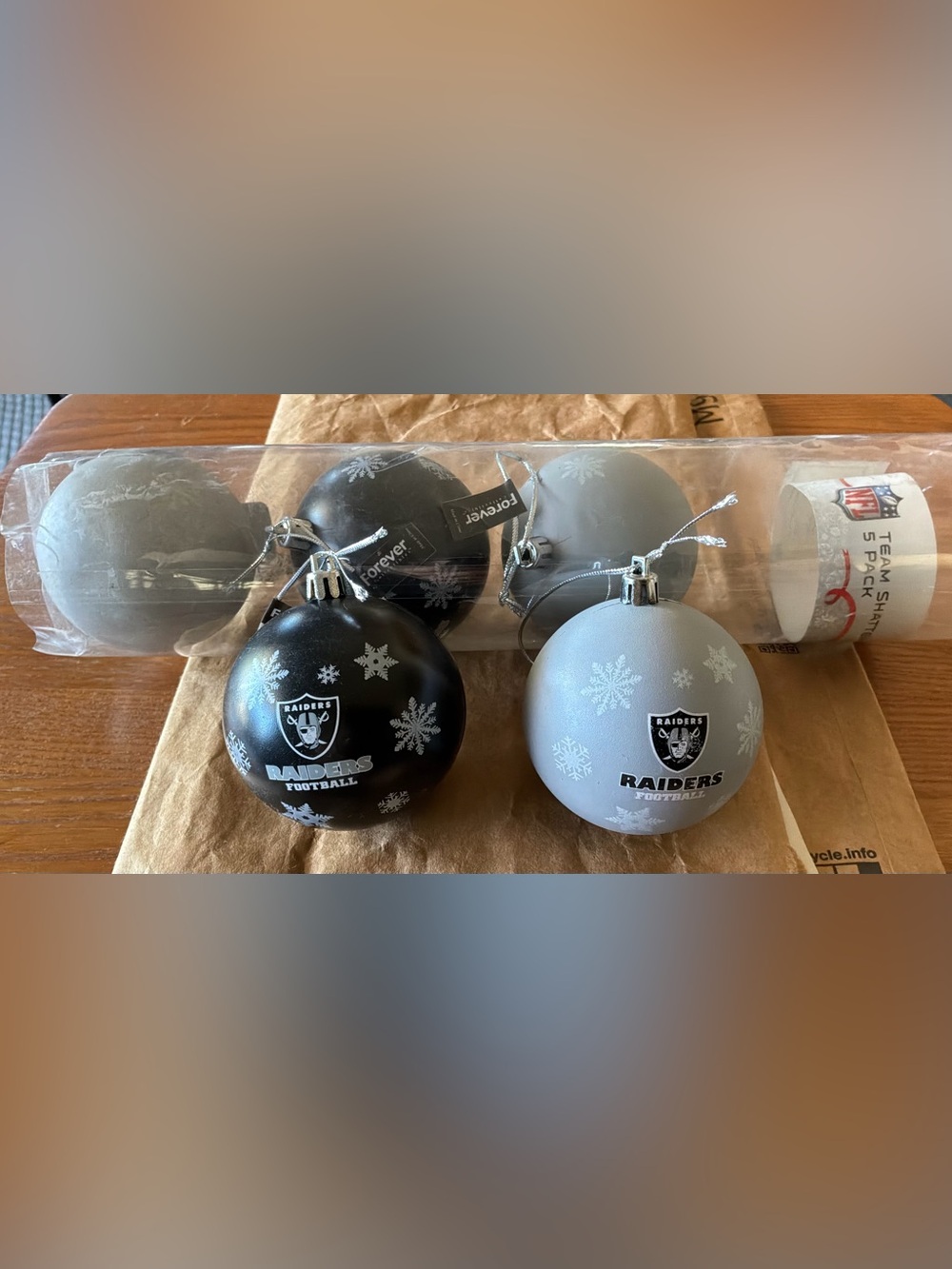 Las Vegas Raiders Shatterproof Christmas Tree Holiday Ornaments Set 5 pack